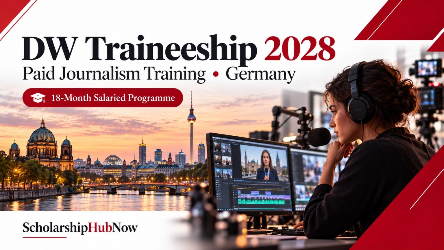 DW Traineeship 2028 paid 18-month journalism programme in Germany, Berlin skyline and newsroom illustration