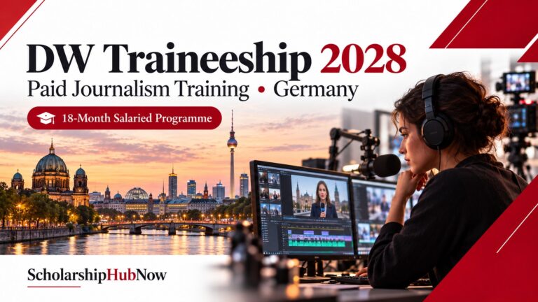 DW Traineeship 2028 paid 18-month journalism programme in Germany, Berlin skyline and newsroom illustration