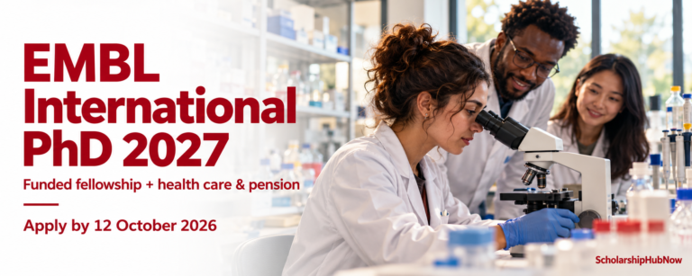 Illustrative graduate researchers in a molecular biology laboratory with EMBL International PhD 2027 funding and deadline text