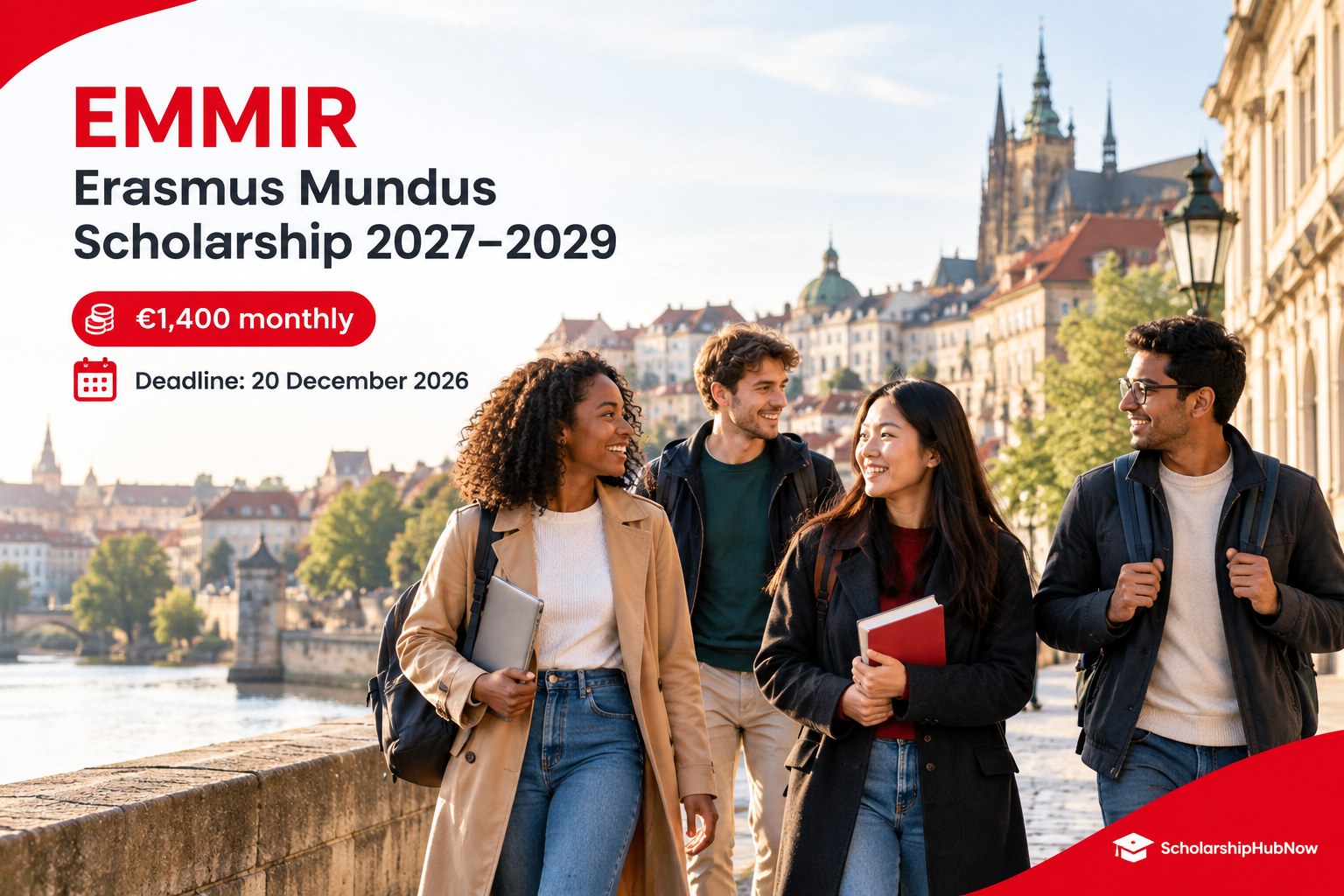 Illustrative EMMIR Erasmus Mundus Scholarship 2027–2029 artwork showing international graduate students, €1,400 monthly funding and 20 December 2026 deadline