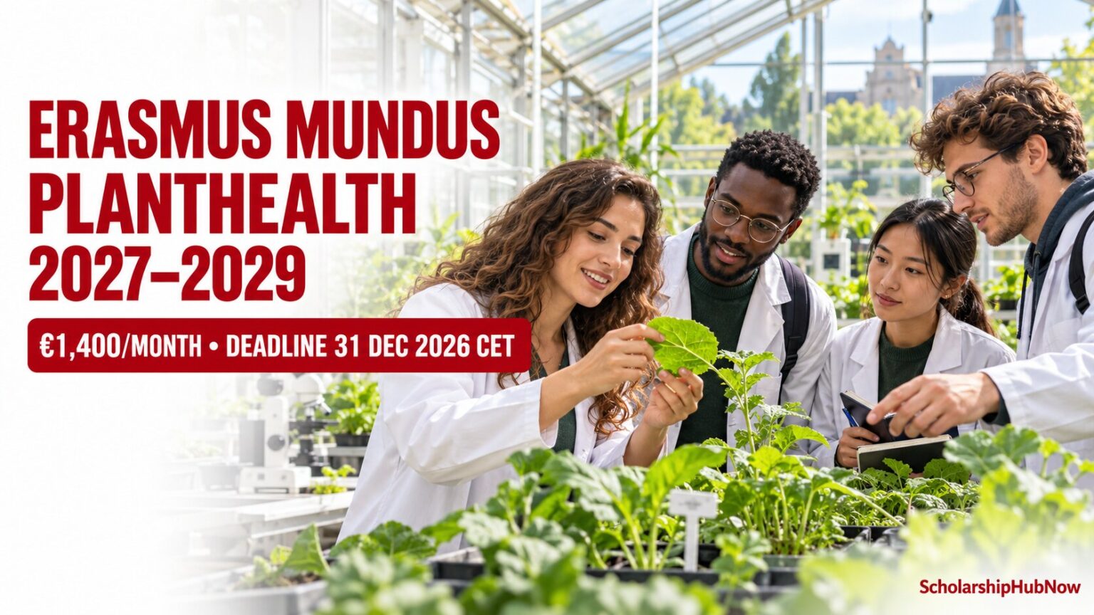 International graduate students researching crop health in a greenhouse for the Erasmus Mundus PlantHealth scholarship