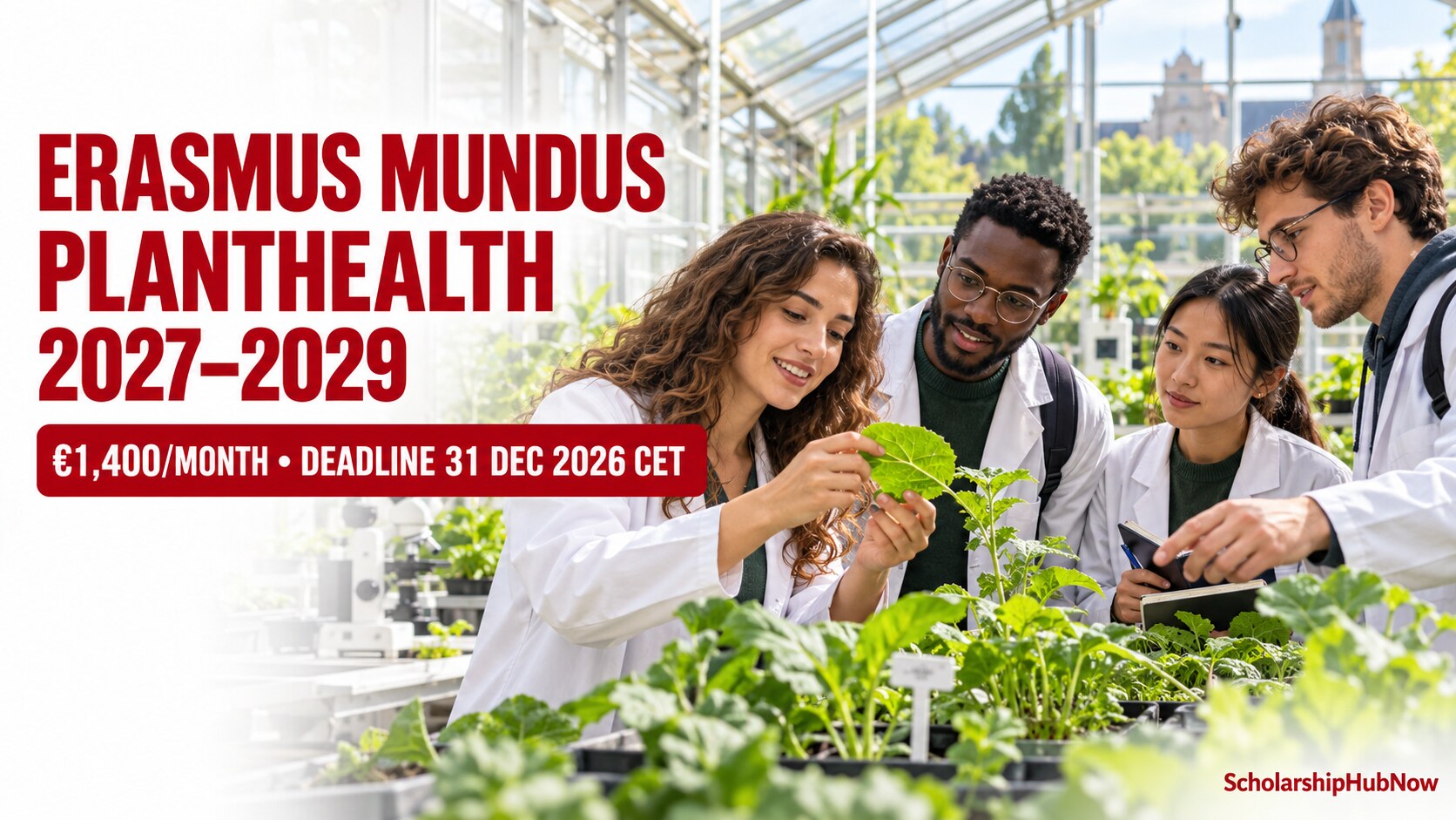 International graduate students researching crop health in a greenhouse for the Erasmus Mundus PlantHealth scholarship