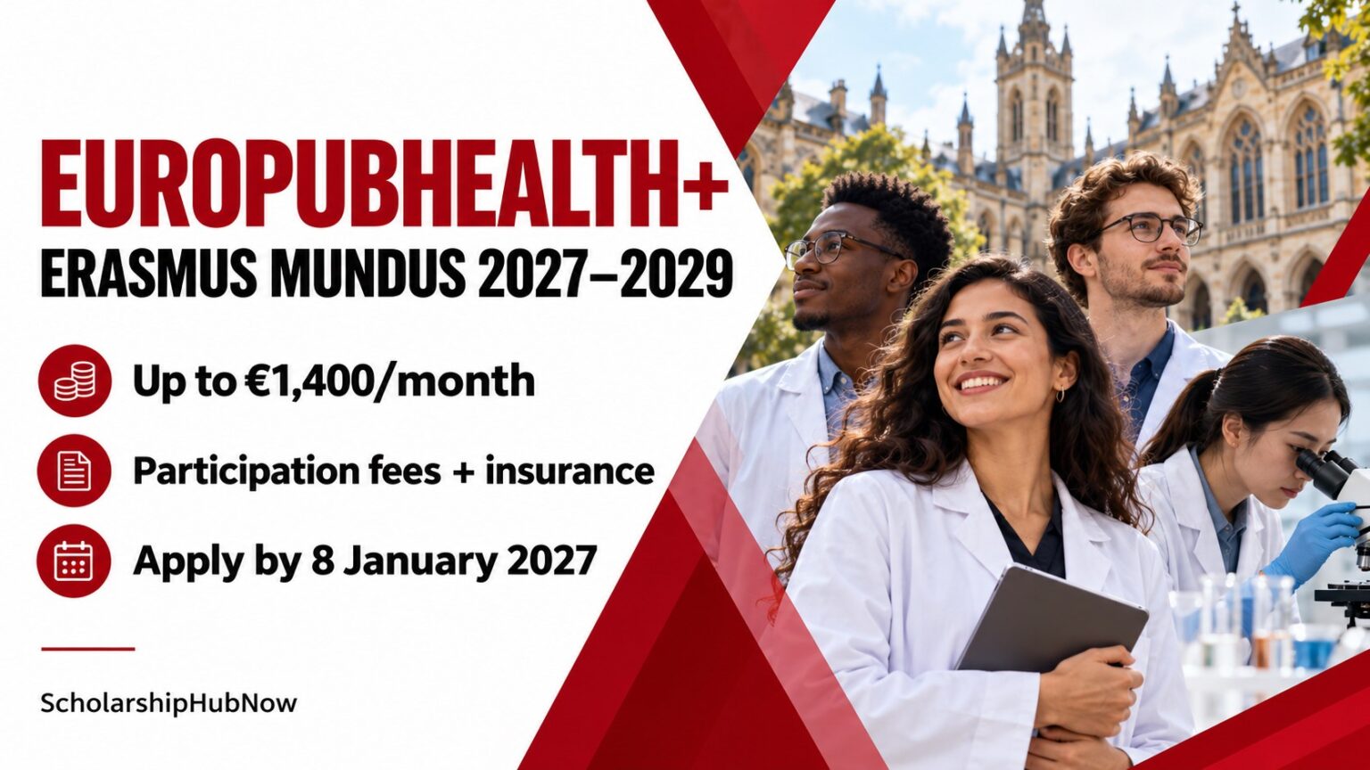 Europubhealth+ Erasmus Mundus Scholarship 2027–2029: up to €1,400 monthly, participation fees and insurance