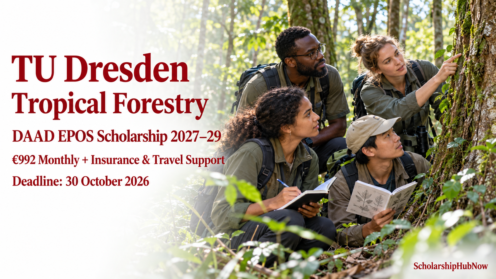 Illustrative forestry students examining trees, with TU Dresden DAAD EPOS funding and deadline