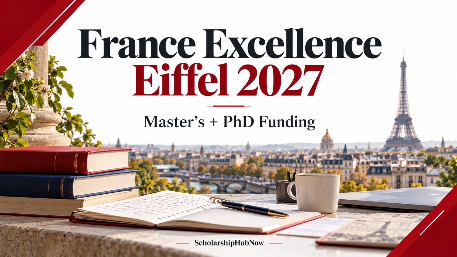 France Excellence Eiffel 2027 editorial artwork with Paris skyline, books and research notebook