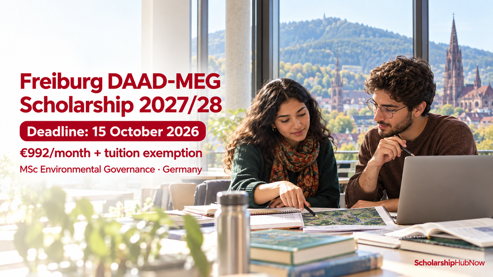 Illustrative graduate students discussing environmental governance in Germany; Freiburg DAAD-MEG Scholarship 2027/28