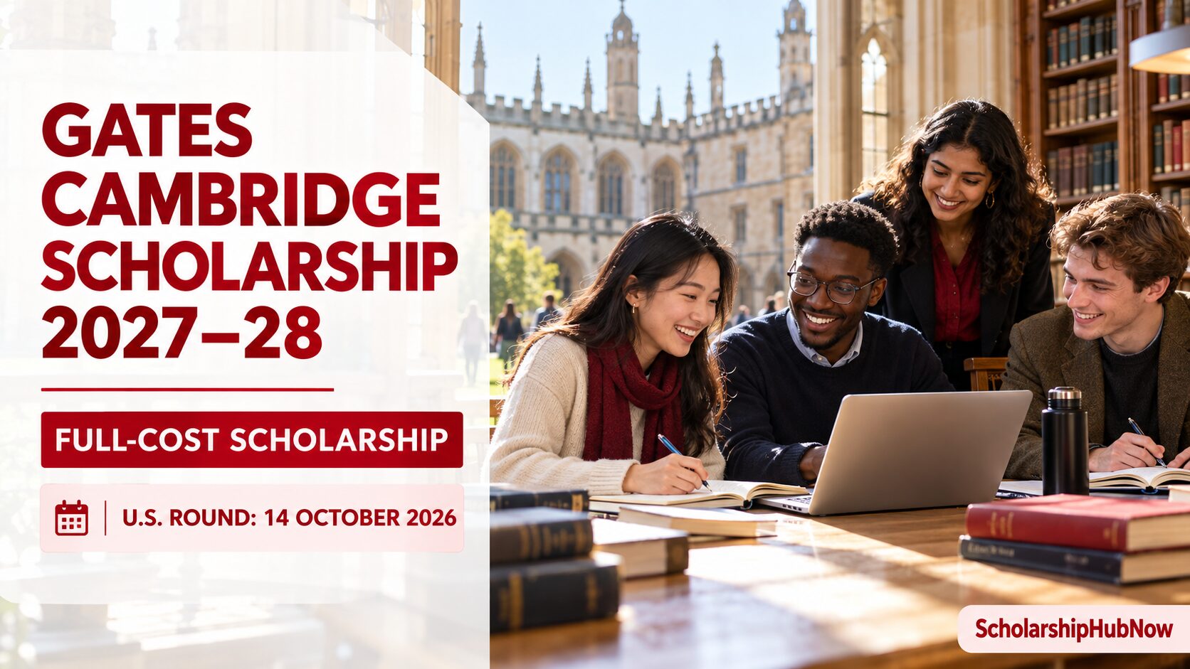 International postgraduate students studying together for the Gates Cambridge Scholarship 2027–28