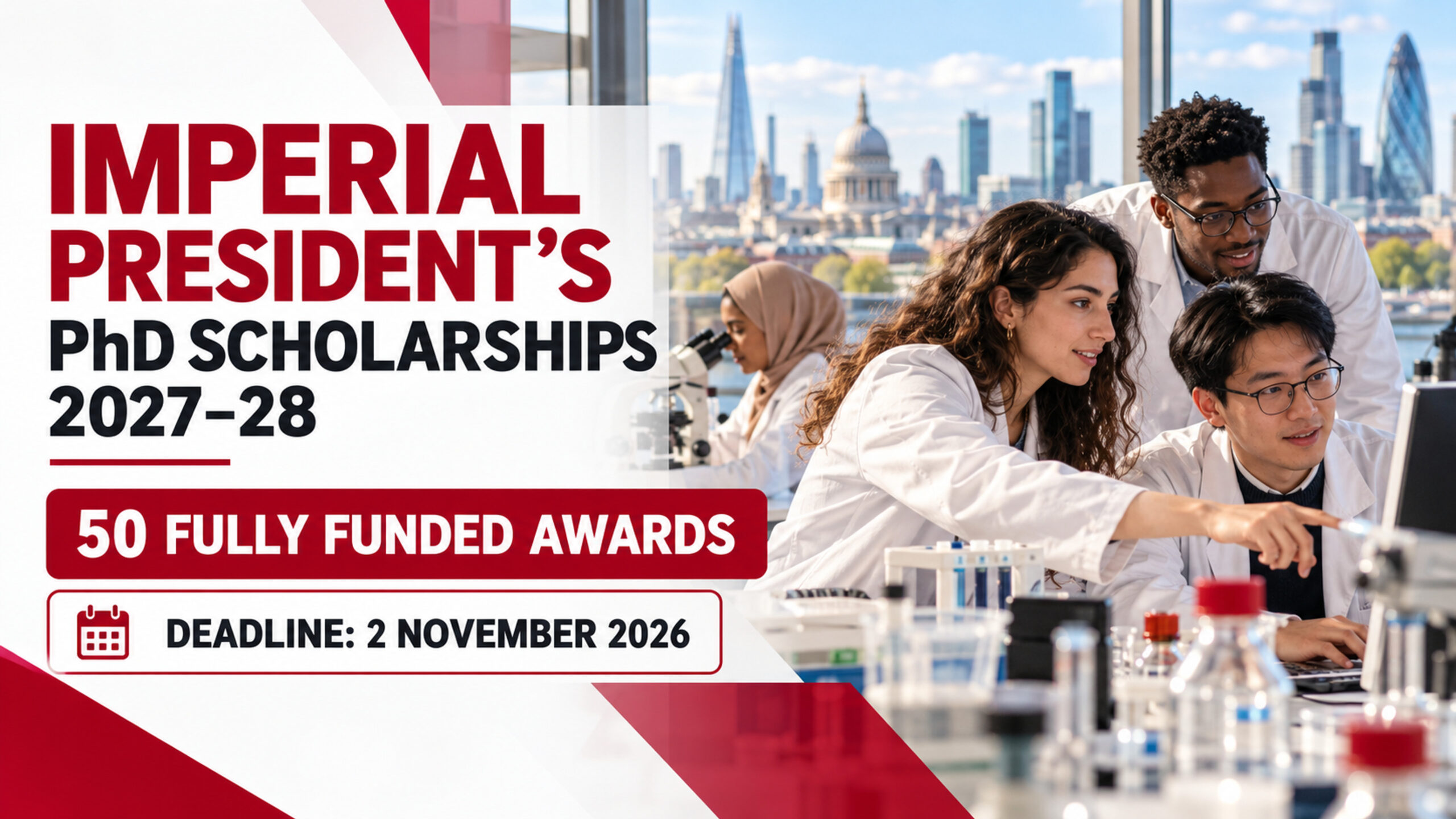 Illustrative international researchers for Imperial President’s PhD Scholarships 2027–28 with 50 funded awards and 2 November 2026 deadline