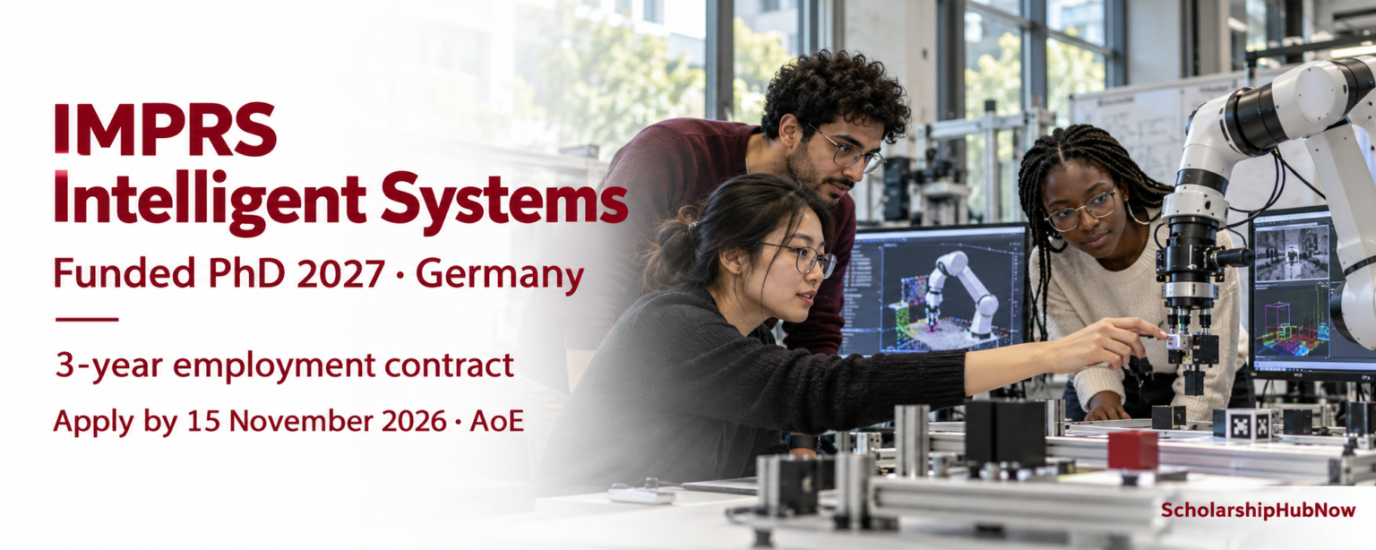 Illustrative graduate researchers in a robotics lab with IMPRS Intelligent Systems funding and deadline text