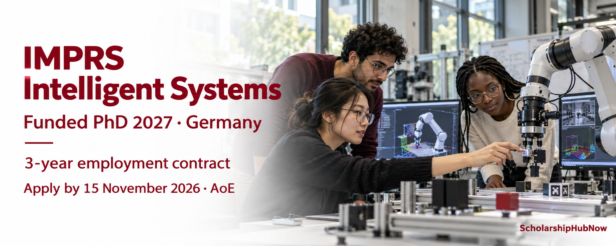 Illustrative researchers in a robotics laboratory; IMPRS Intelligent Systems PhD 2027 funding and deadline