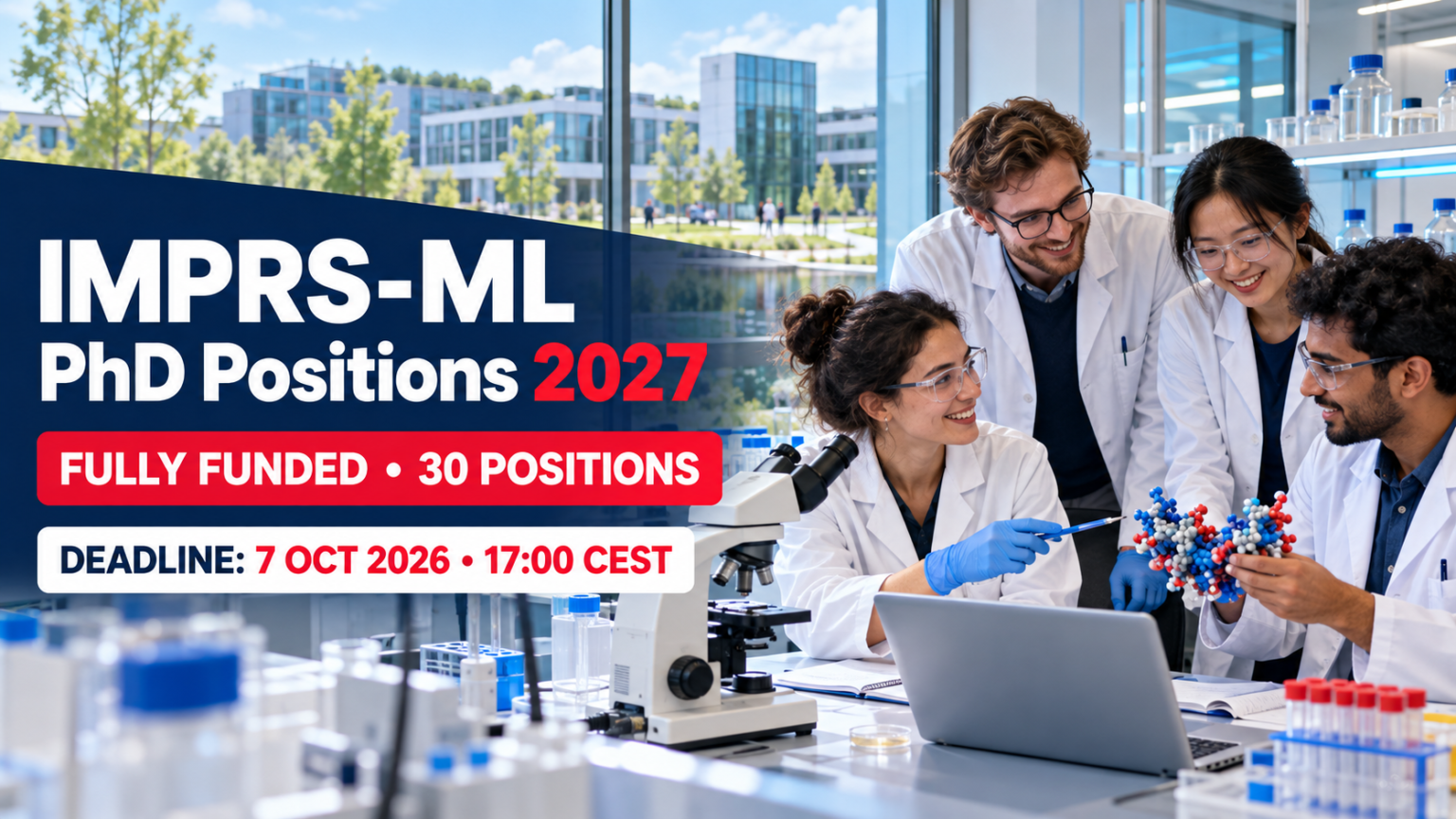 Illustrative international molecular-life-science researchers beside text announcing 30 fully funded IMPRS-ML PhD positions and the 7 October 2026 deadline