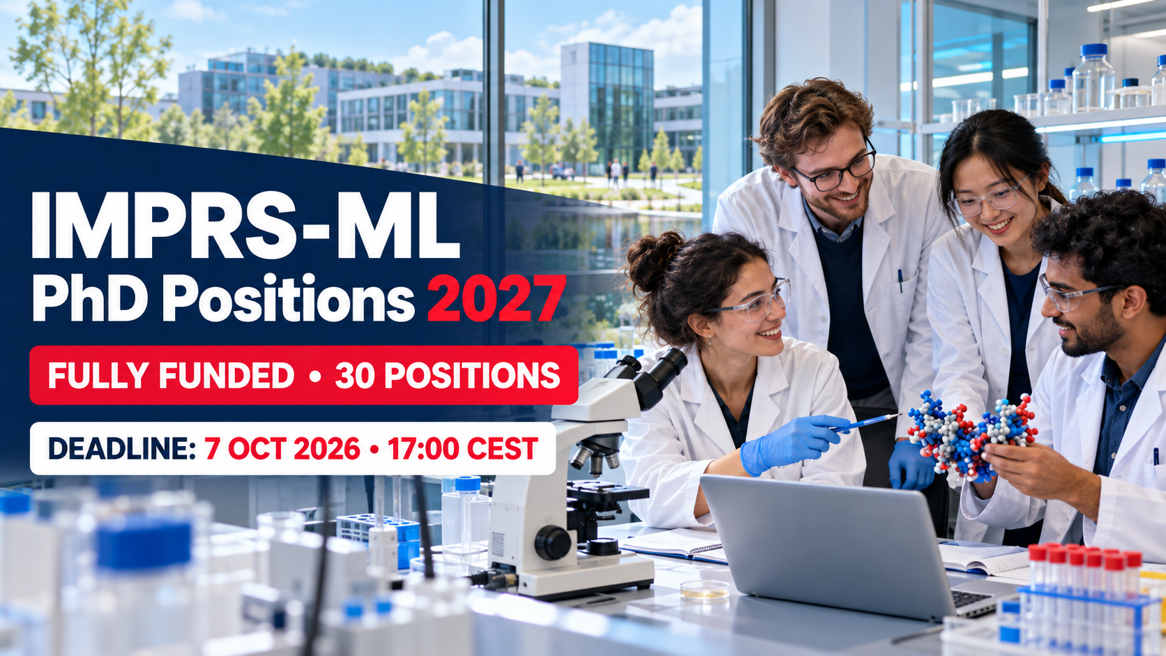 Illustrative international molecular-life-science researchers beside text announcing 30 fully funded IMPRS-ML PhD positions and the 7 October 2026 deadline