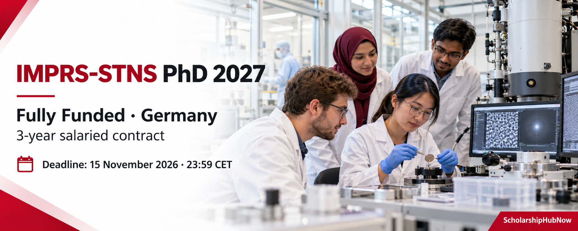 Illustrative international researchers working in a nanoscience laboratory; IMPRS-STNS PhD 2027 funding and deadline
