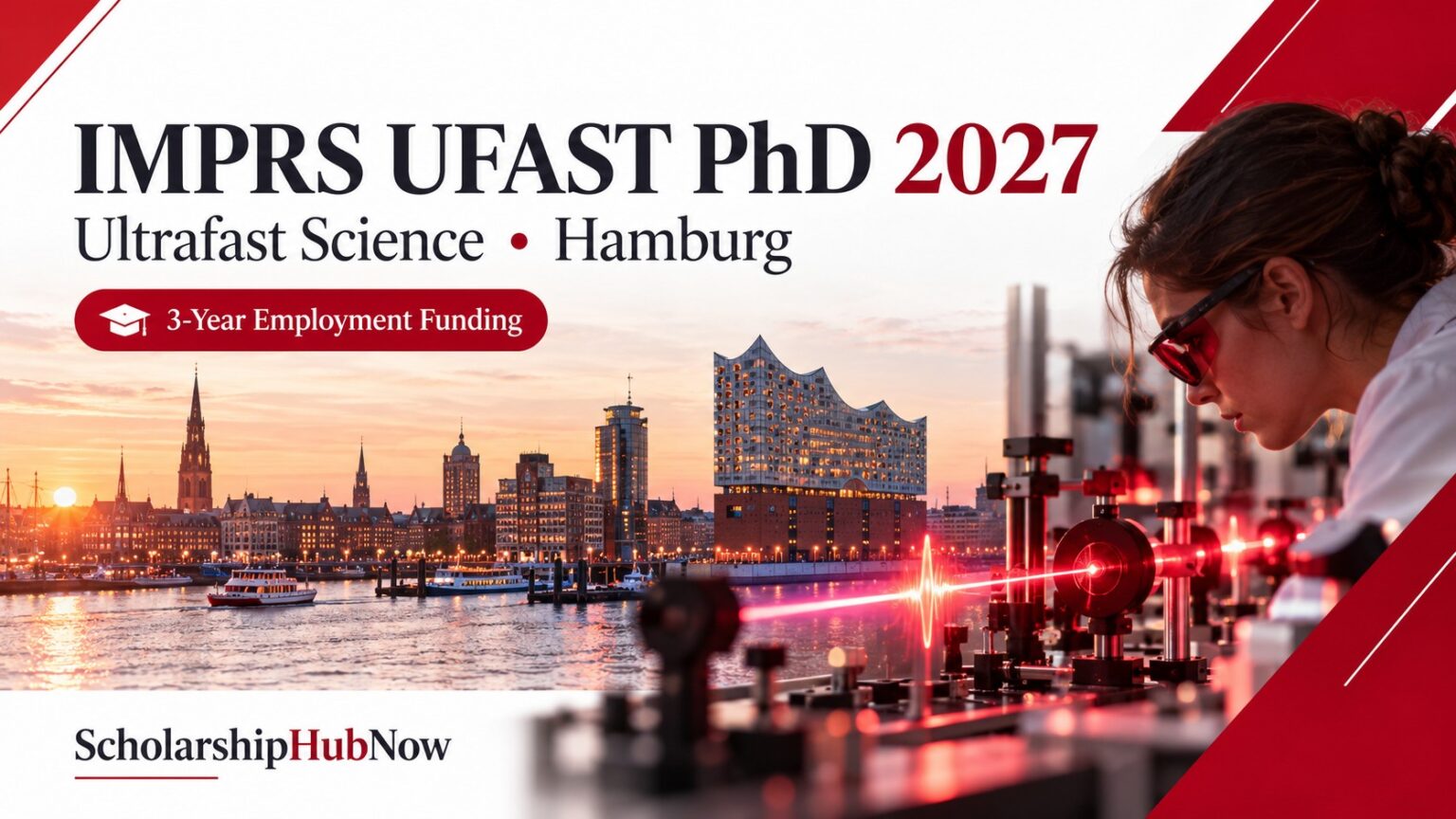 IMPRS UFAST PhD 2027 editorial artwork with Hamburg skyline and ultrafast optics research illustration