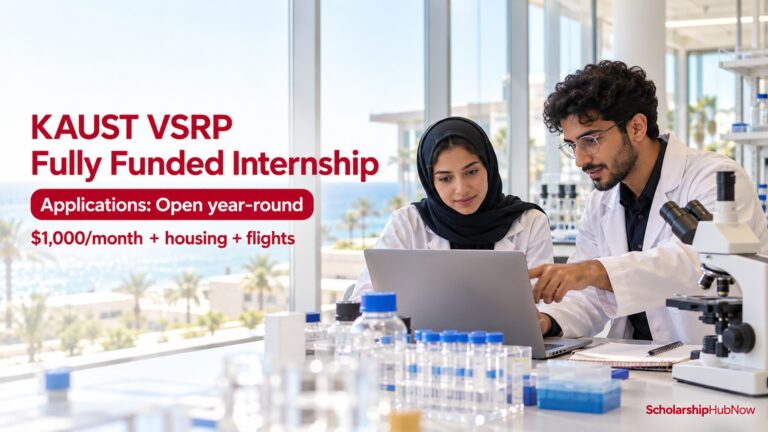 Illustrative scene of two researchers in a coastal university laboratory for the fully funded KAUST VSRP internship guide