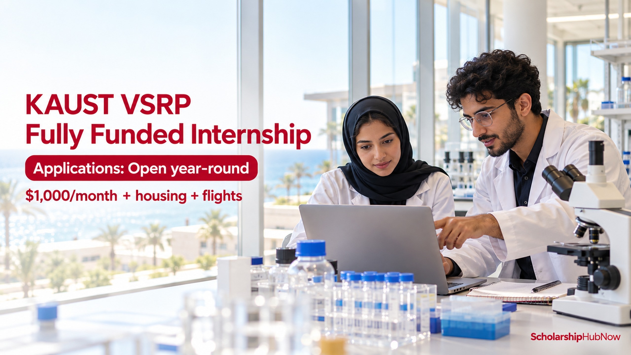 Illustrative scene of two researchers in a coastal university laboratory for the fully funded KAUST VSRP internship guide