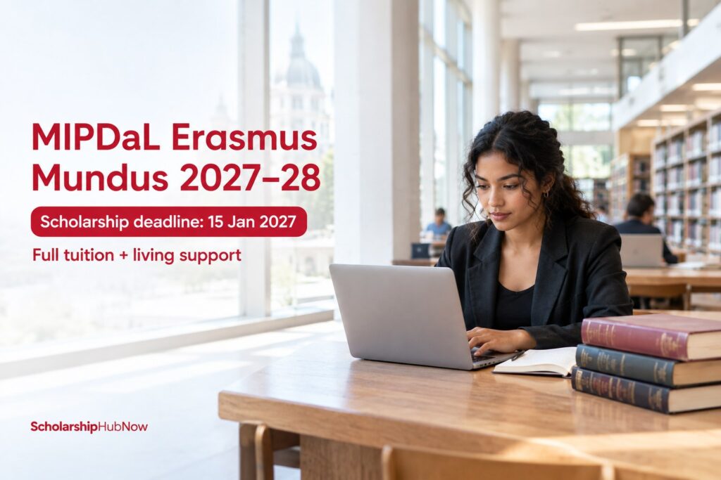 International law students reviewing the MIPDaL Erasmus Mundus Scholarship 2027–28 deadline and funding details