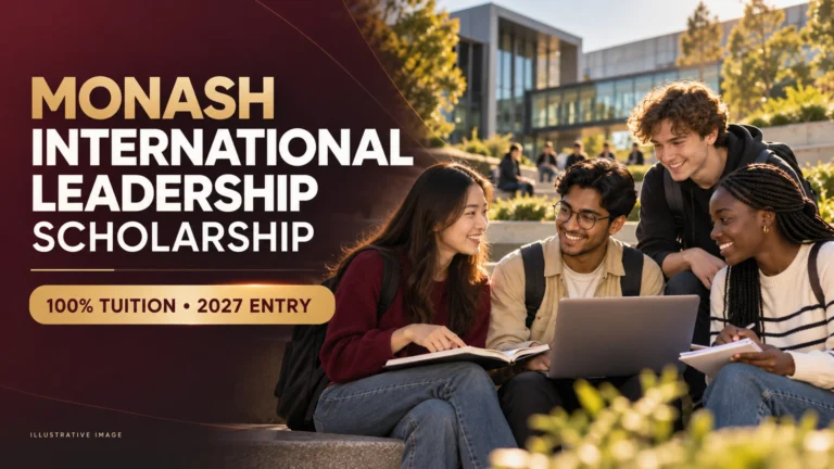International students studying together in an illustrative Monash International Leadership Scholarship 2027 artwork highlighting 100% tuition
