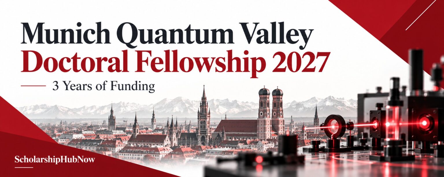 Munich Quantum Valley Doctoral Fellowship 2027 editorial artwork with Munich skyline and quantum optics illustration