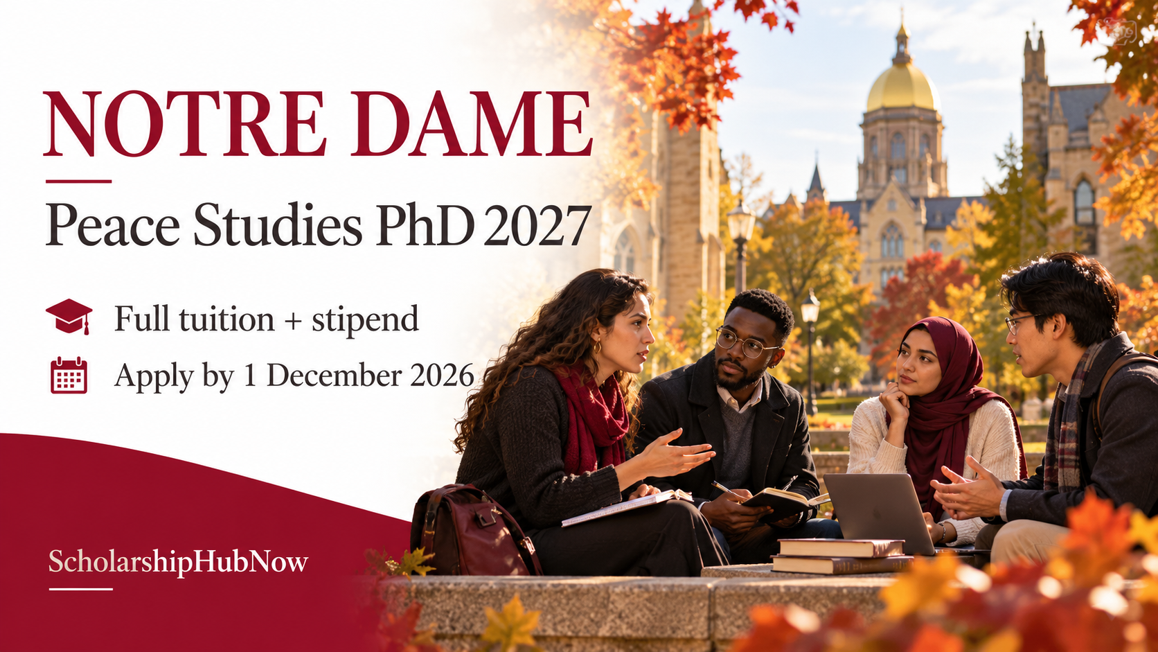 ScholarshipHubNow illustration of graduate researchers for Notre Dame Peace Studies PhD 2027