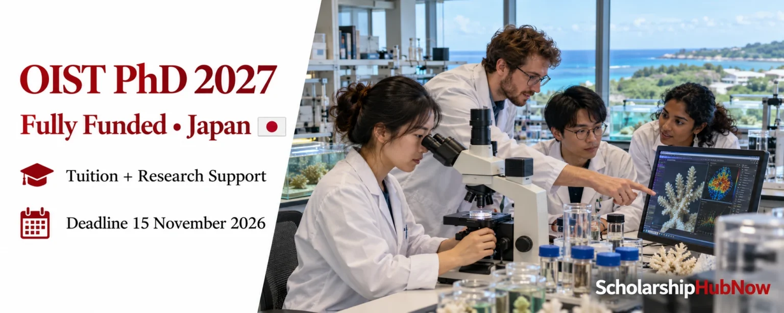 ScholarshipHubNow illustration of PhD researchers in an Okinawa laboratory, with OIST 2027 funding and deadline information