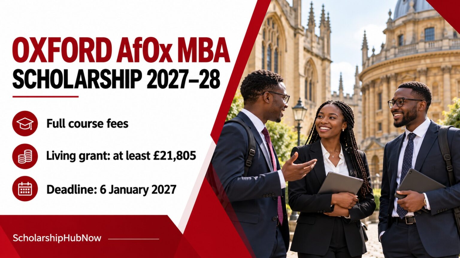 Oxford AfOx MBA Scholarship 2027–28: full course fees and living grant of at least £21,805