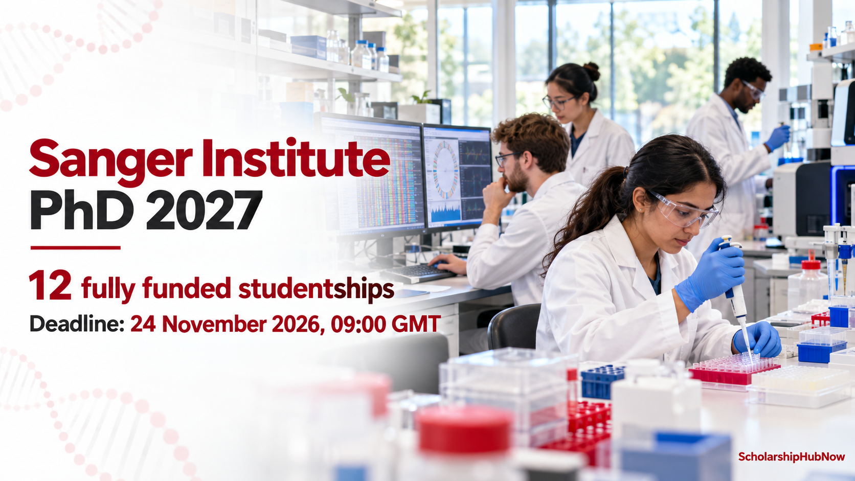 Genomics researchers in a laboratory for the Sanger Institute PhD 2027