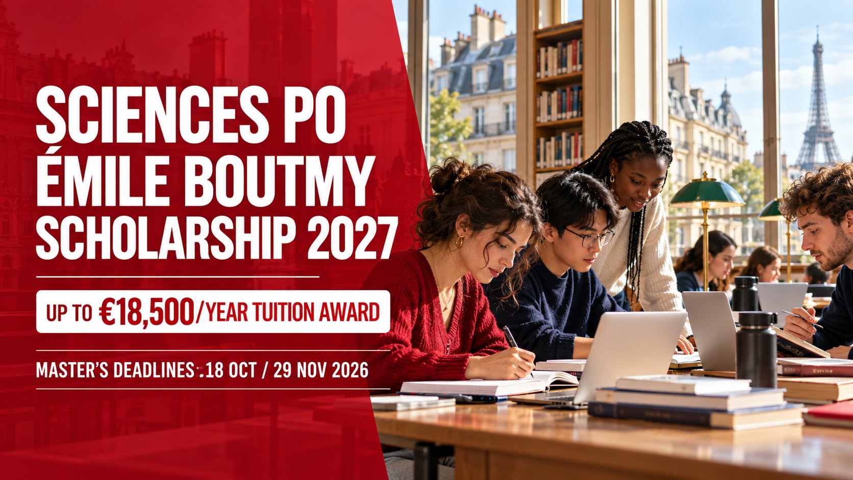 Illustrative international students studying in Paris beside Émile Boutmy Scholarship 2027 tuition award and deadline text