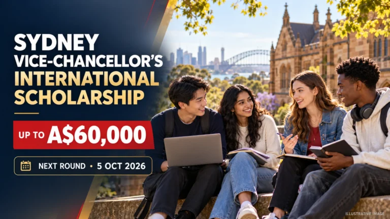 International students in an illustrative University of Sydney VCIS Scholarship 2027 artwork highlighting up to A$60,000 and the 5 October 2026 round
