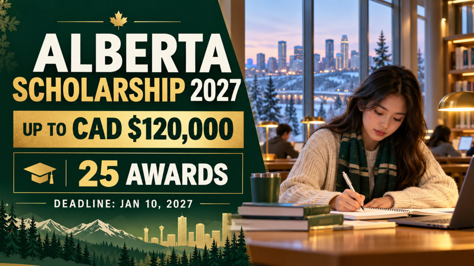 Illustrated international student beside Alberta Scholarship 2027 CAD $120,000 award and deadline details