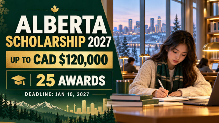 Illustrated international student beside Alberta Scholarship 2027 CAD $120,000 award and deadline details