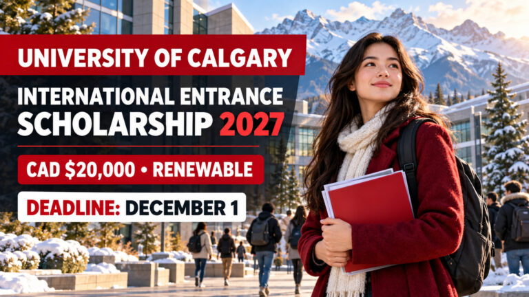 Illustrated international student beside University of Calgary International Entrance Scholarship 2027 CAD $20,000 renewable award and December 1 deadline