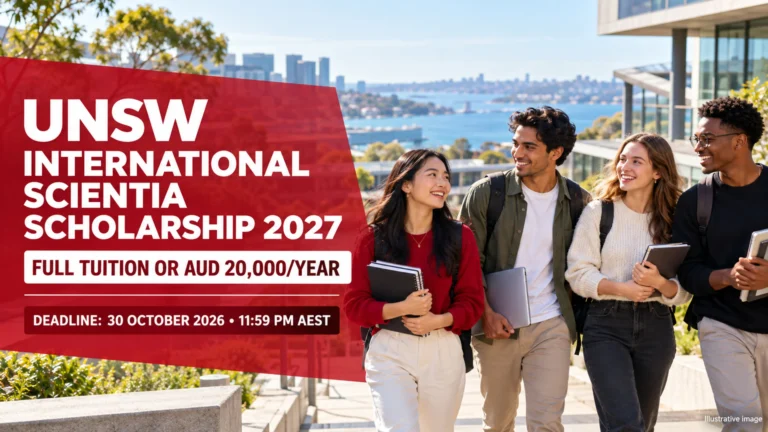 Illustrative international students for the UNSW International Scientia Scholarship 2027, offering full tuition or AUD 20,000 per year
