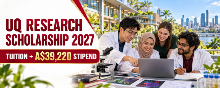UQ Graduate Research Scholarship 2027 editorial illustration of international researchers in Brisbane