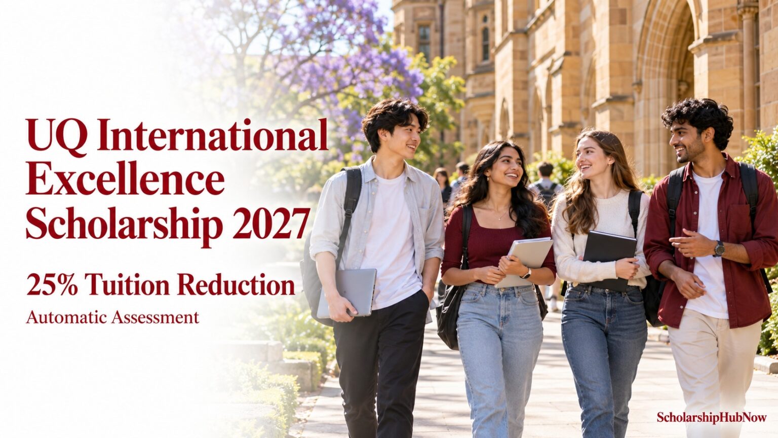Illustrative international students and UQ International Excellence Scholarship 2027 artwork showing 25% tuition reduction and automatic assessment