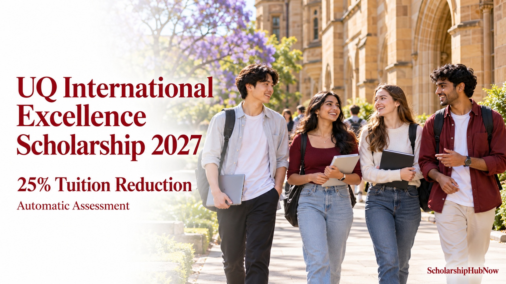 UQ International Excellence Scholarship 2027: 25% tuition reduction and automatic assessment, with illustrative international students