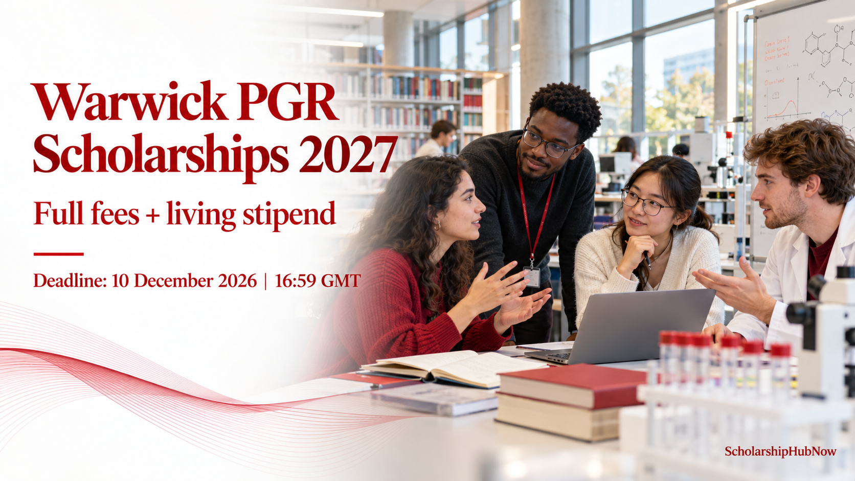Illustrative graduate researchers with Warwick PGR Scholarships 2027 funding and deadline