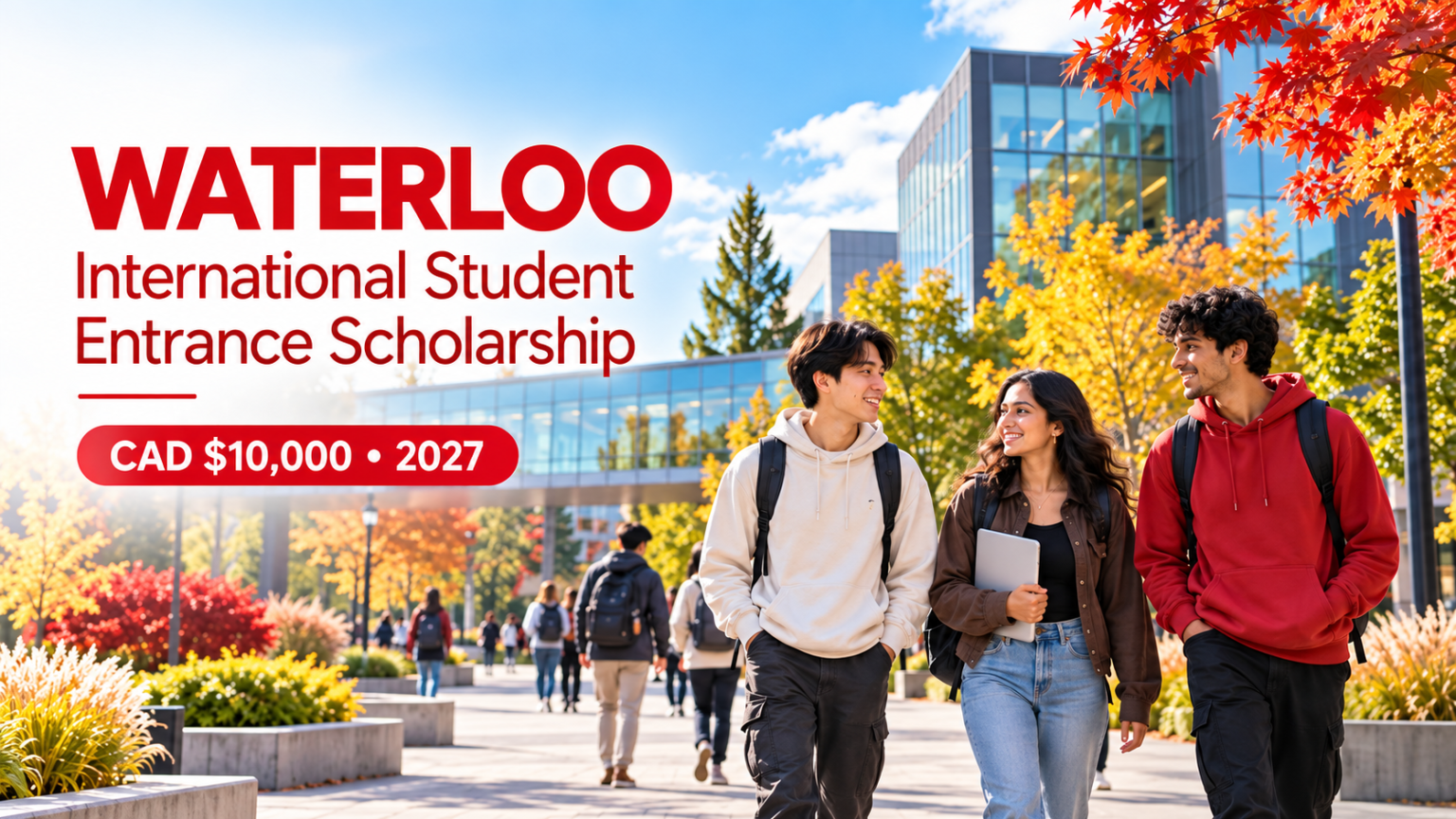 Illustrative students walking on an autumn university campus beside text for Waterloo International Student Entrance Scholarship, CAD $10,000 in 2027